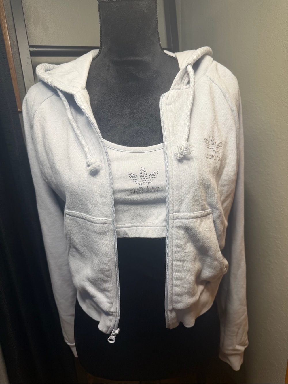 adidas light blue Women's Hooded Zip Jacket with Cropped Tank Set Crystal logos